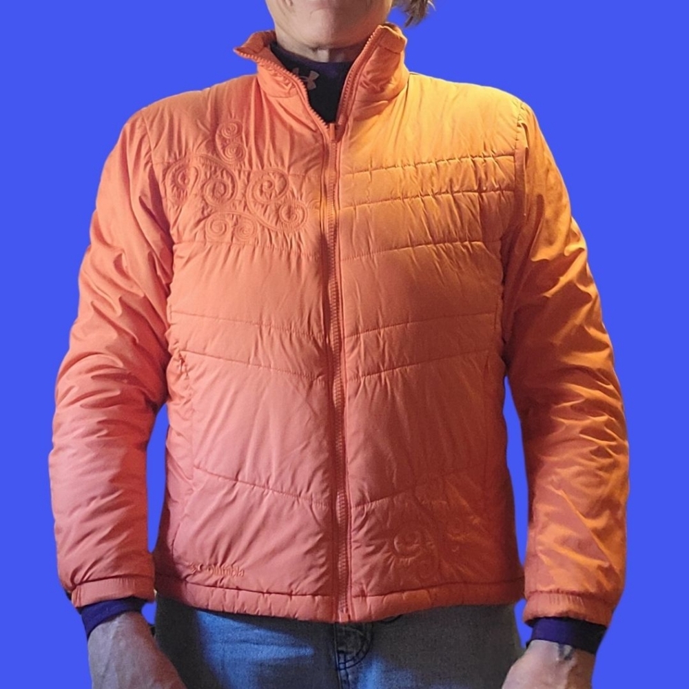 Colunbia Blaze Orange Coat Like New w/Floral Embroidery